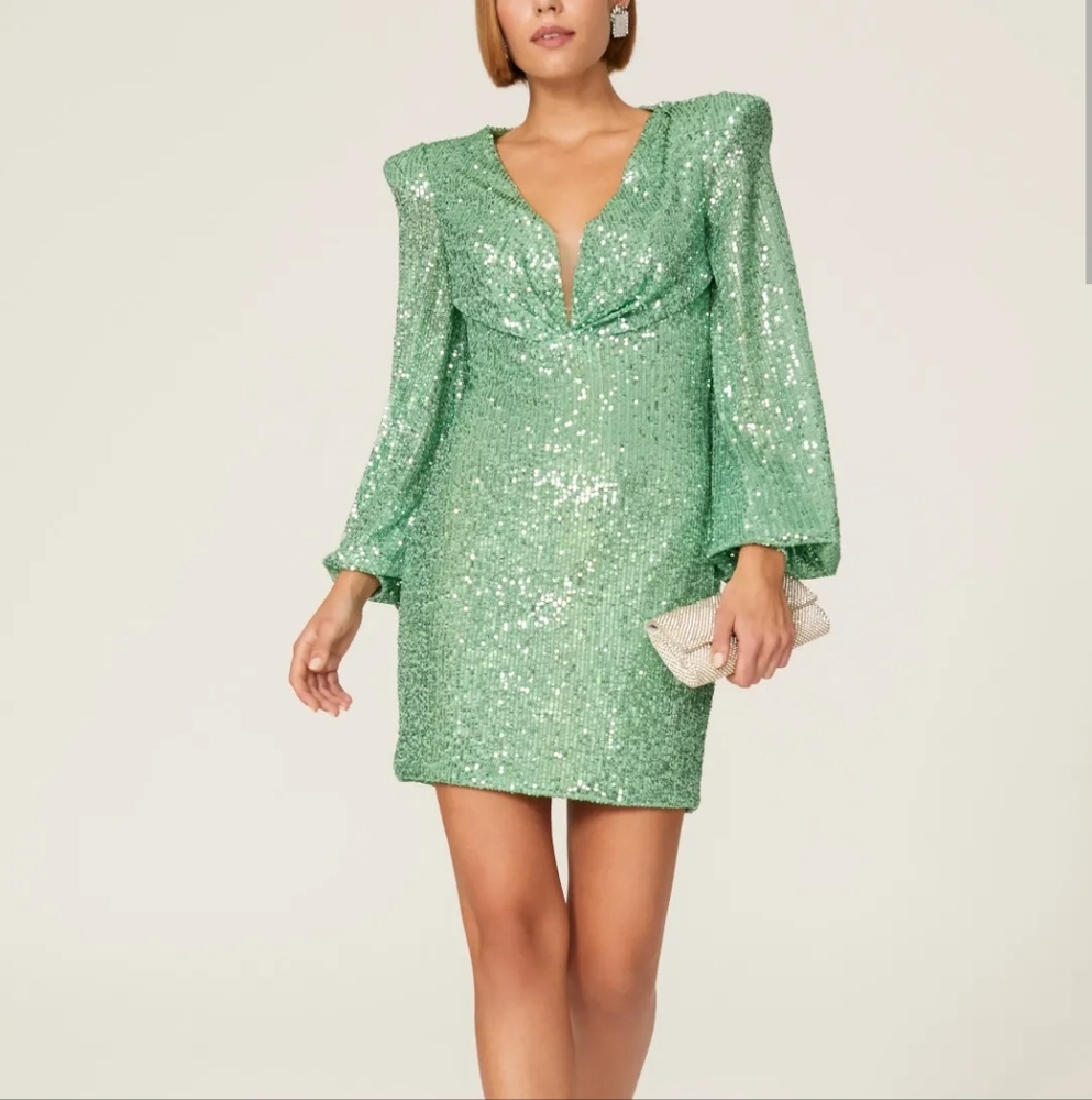 Ieena Mac Duggal Light Green Sequin Cocktail Dress Blouson Sleeve Size 2